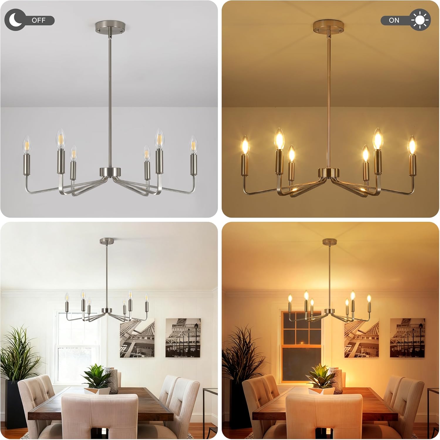 6-Light Brushed Nickel Chandeliers for Dining Room,Farmhouse Light Fixtures for Kitchen,Pendant Lights for Entryway Bedroom Foyer Hall Kitchen Living Room,26in,E12.