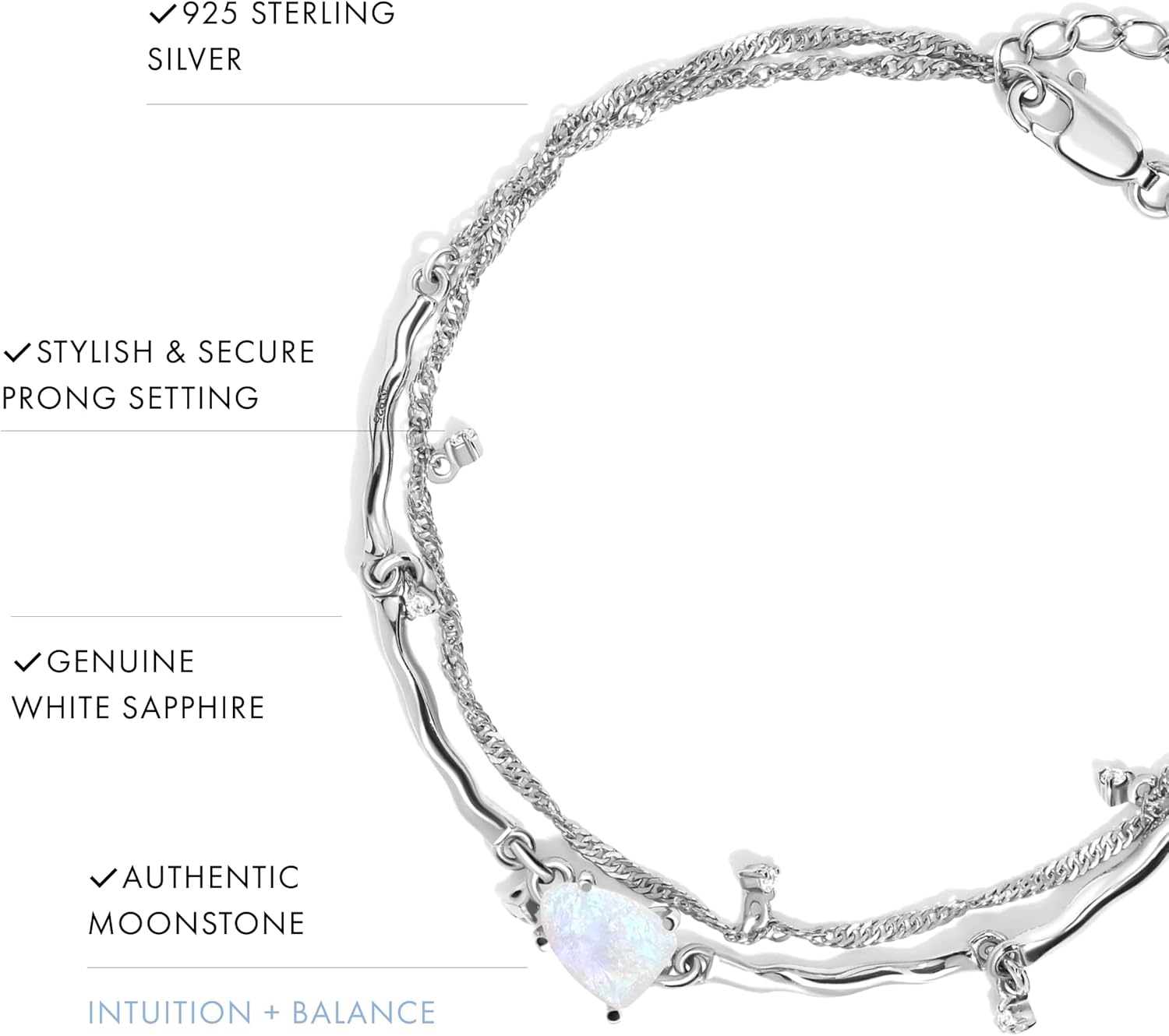 Moon Magic Moonstone Bracelet for Women | Black Obsidian, Rose Quartz Bracelet/Real 925 Sterling Silver | 18k Rose & Yellow Gold Rainbow Genuine Moonstone Jewelry for women | June Birthstone Bracelet