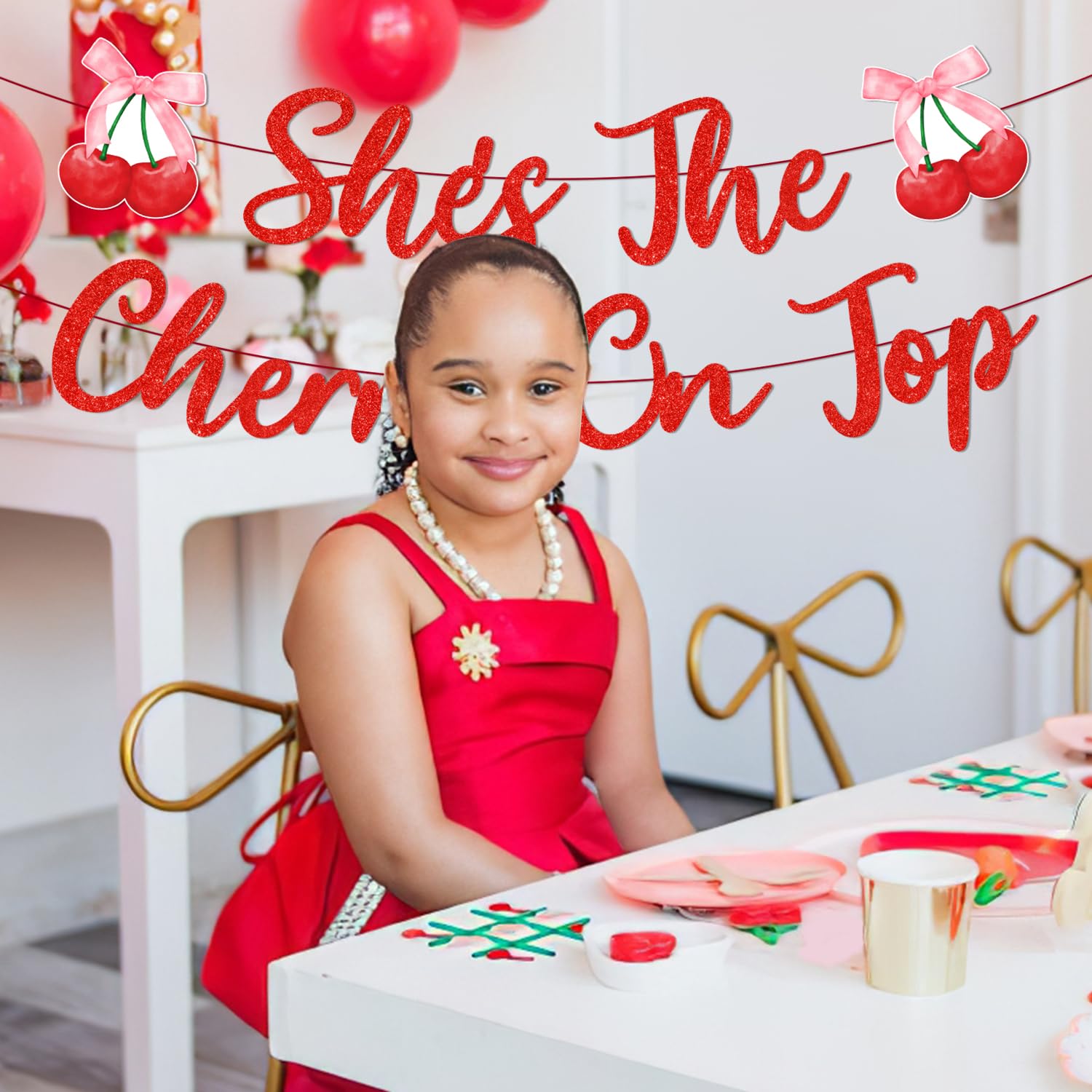 20Pcs Cherry Theme Hanging Swirl Decorations - Red Glitter Party Decor For Birthday & Bridal Showers