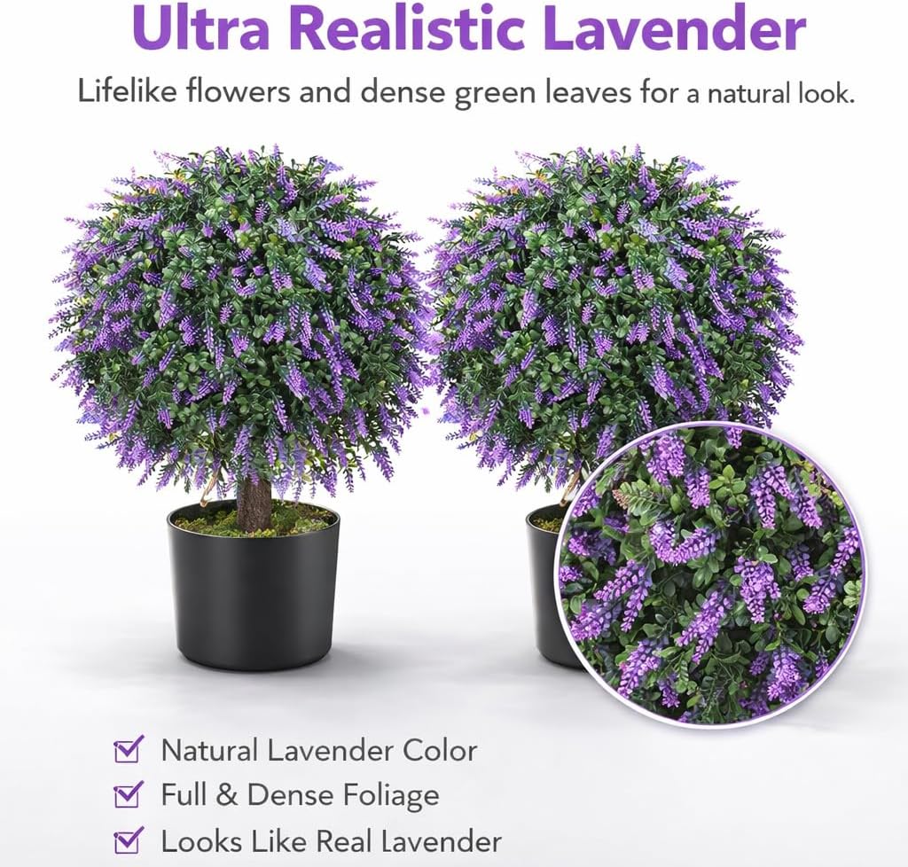 Artificial Lavender Topiary Trees Set of 2, 24" UV Resistant Fake Plants for Front Door Porch Decor, Potted Faux Lavender Plants for Outdoor Patio Entryway