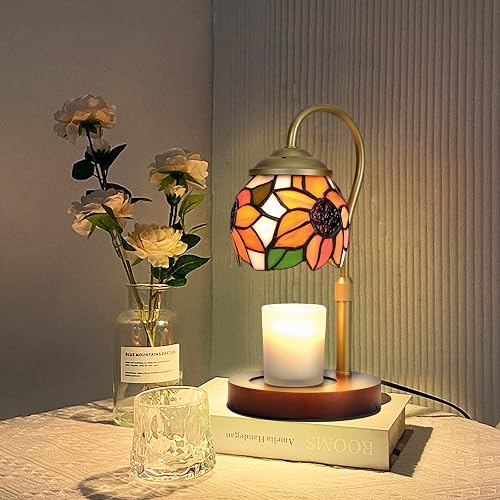 Sunflower Tiffany Candle Warmer Lamp with Wood Base - Height Adjustable, 2/4/8H Timer, 4-Level Dimmer - Includes 2 GU10 Bulbs - Farmhouse Aesthetic Room Decor & Gifts for Women, Fits Candles up to 5" - Sunflower