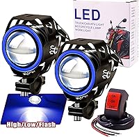 Vista 10 de Ourbest Luces antiniebla para motocicleta con interruptor, 12 V/24 V, 3 pulgadas, luz auxiliar de halo para ATV, scooter, camiones, luces Amarillo
