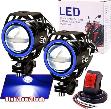 Ourbest 2 x Motorcycle Fog Lights, Motorcycle Headlights with Angel Eyes Lights, Driving Fog Lights, High/Low/Strobe 3 Modes, Blue Halo with Switch