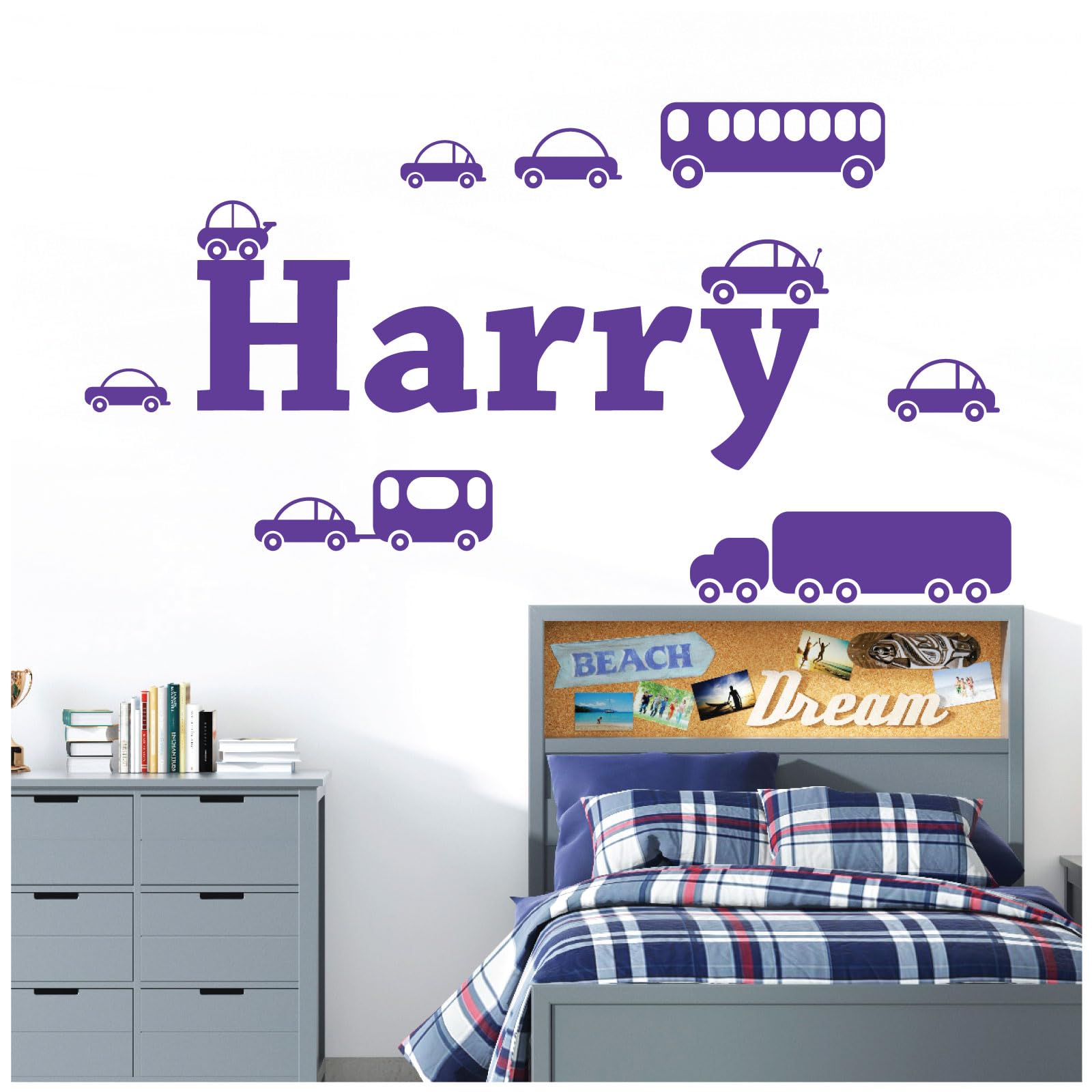 Personalised Name Boys Wall Art Sticker - Cartoon Trucks, Cars, Bus, Caravan, Taxi Set [Large] [Purple] — image 1