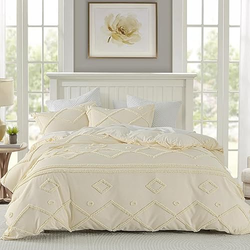 Quilta Funda de edredón copetuda, tamaño Queen, juego de funda de edredón bohemio de poliéster con patrón geométrico, cierre de cremallera y 8 lazos