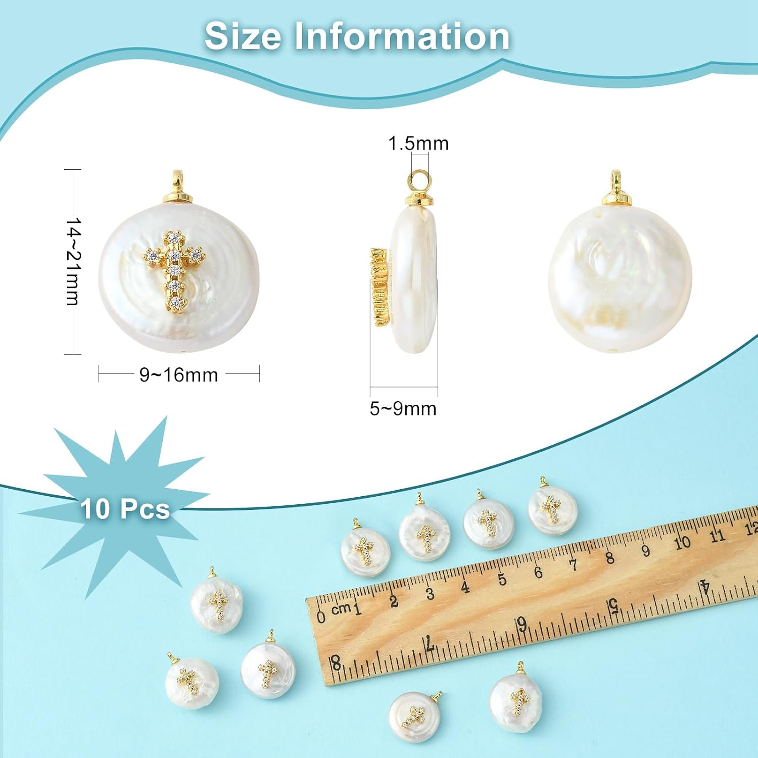 LiQunSweet 10 Pcs Cubic Zirconia Natural Cultured Freshwater Pearl Cross Charms for Earring Bracelet DIY Jewelry Making