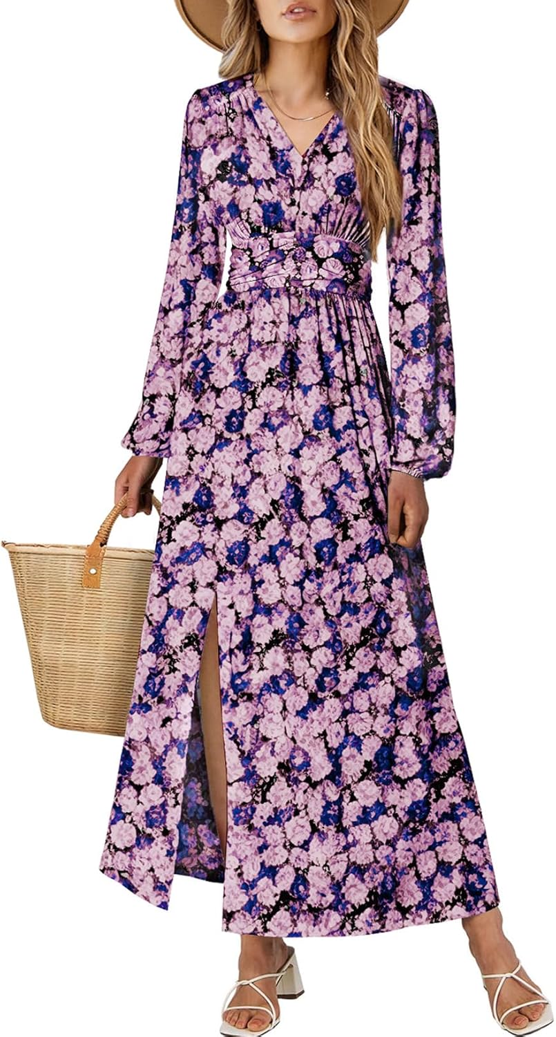 BLENCOT Long Sleeve V Neck Floral Maxi Dress for Women Casual Flowy Slit Ruched High Waist Cocktail Fall Dresses