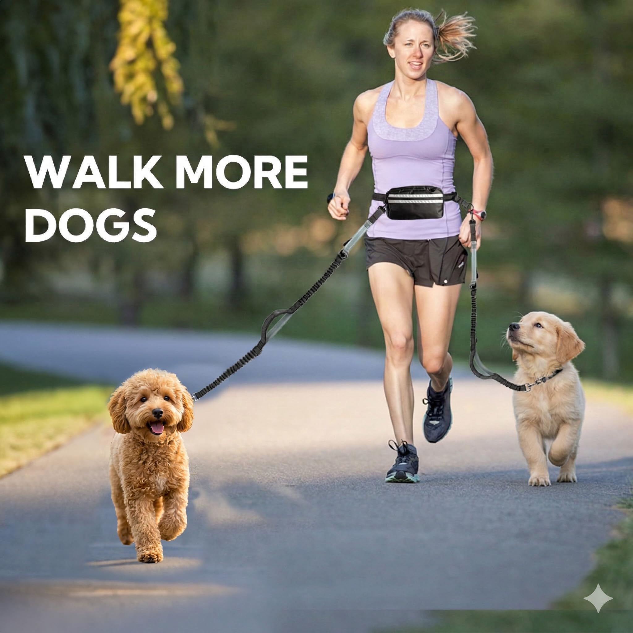 Hands Free Dog Leash with Pouch, Double Leash for Two Dogs, Retractable Bungee with Double Padded Handles, Waist for Dog Walking, Running for Dogs, Dog Walking Accessories: Grey-Green Midum Size Medium 2 Leashes