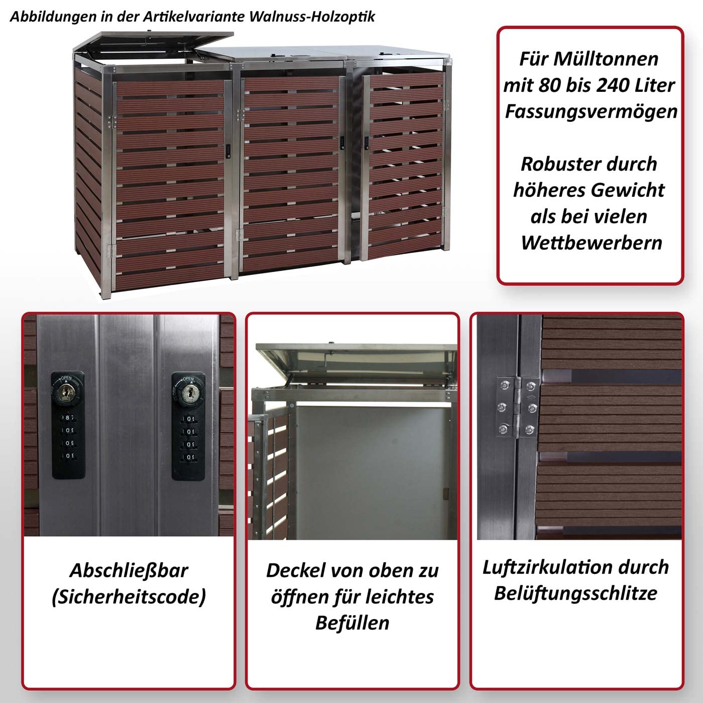 Mendler 3er Mülltonnenverkleidung HWC-K14 120x200x85cm - Walnuss-Holzoptik | Mülltonnenbox, WPC, Edelstahl, 104kg