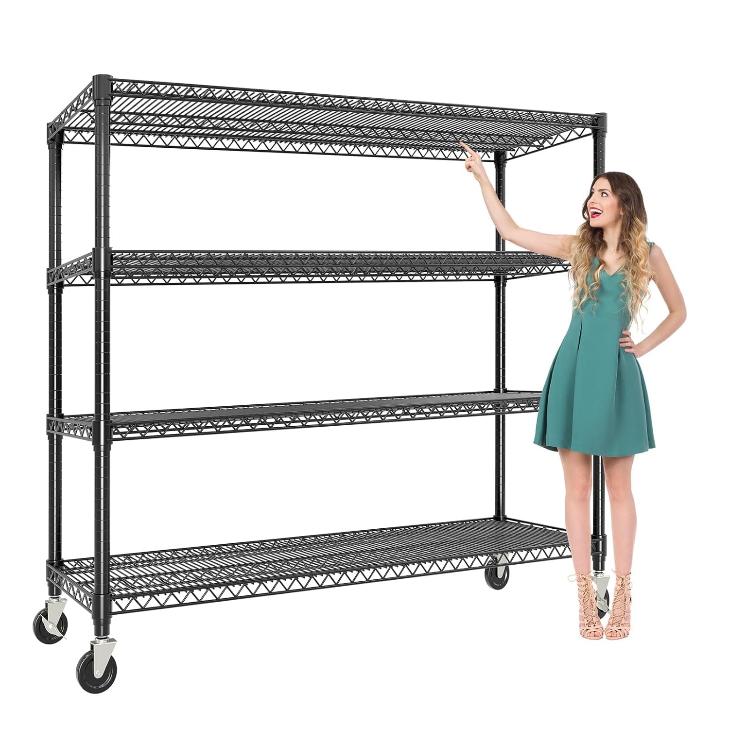 PeakPursuit Heavy-Duty 4-Tier Adjustable Steel Storage Rack, 2640 lbs Capacity Rolling Garage Shelving with Lockable Wheels, Wire Shelving for Workshop, Warehouse, or Pantry