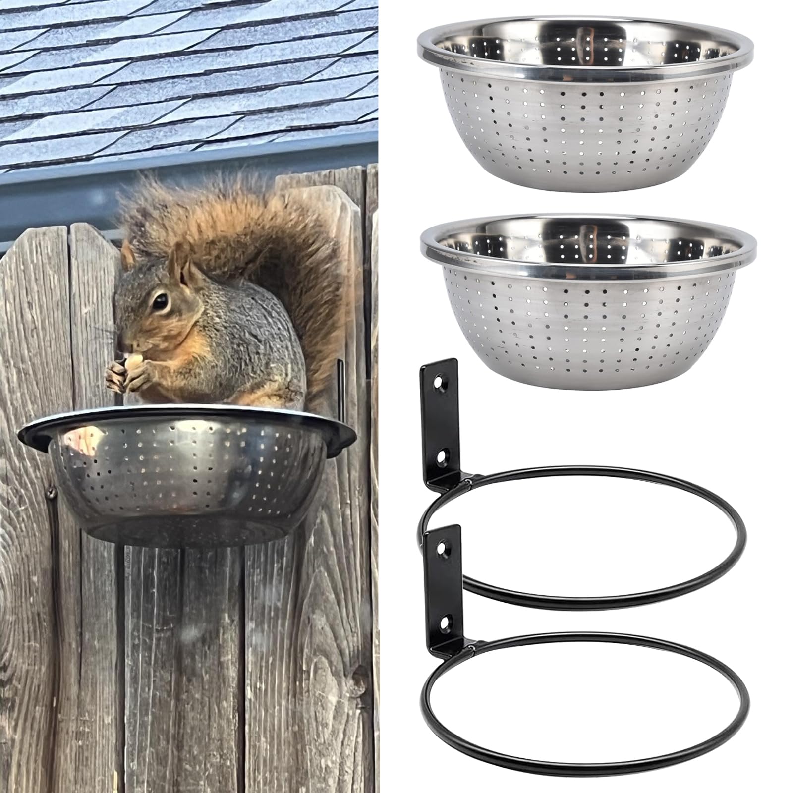 2 comederos de ardillas con colador de 8.5 pulgadas montado en árbol/valla, cuenco colador de acero inoxidable 304 extraíble, fácil de limpiar/rellenar, todos los comederos de ardillas de metal para