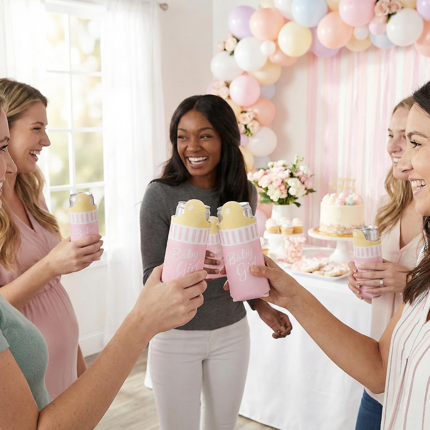 Girl Baby Bottle Slim Can Sleeves, Pink, 12 Pieces | Foam Material, Fits 12-oz Slim Soda Can, 3 1/2" x 7 1/2", Baby Shower Party Supplies