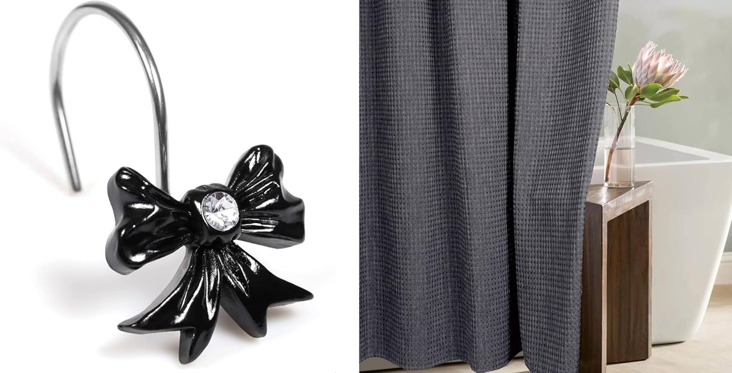 Black Decorative Shower Curtain Hooks&Grey Waffle Shower Curtain- 72x72 Waterproof Washable Linen Style Fabric Shower Curtain - 12 PCS Rust Proof Metal Shower Curtain Rings (2 Item Bundle)