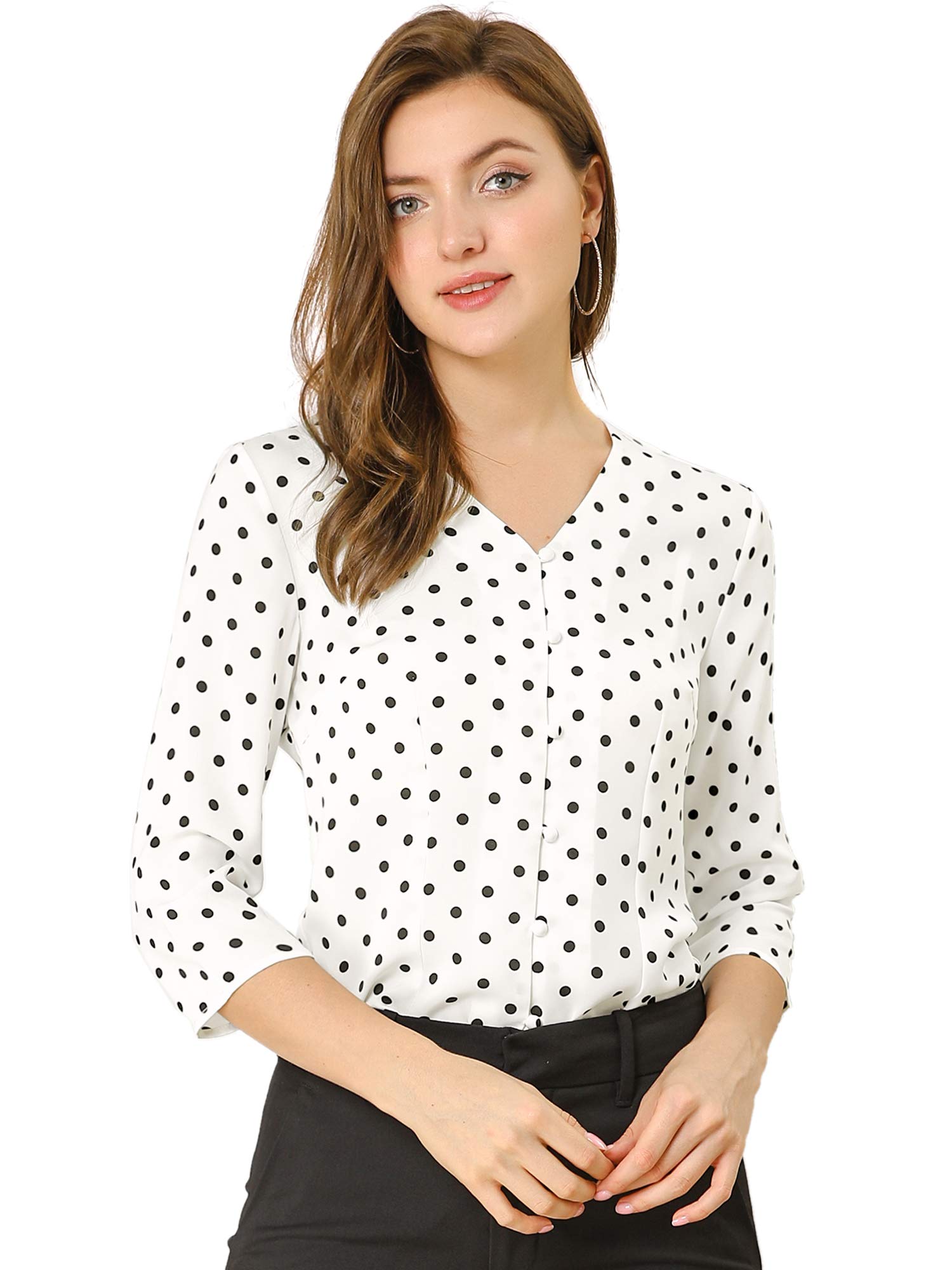 Women's Polka Dot 3/4 Sleeve Tunic Top – V-Neck Roll Sleeve Blouse, Vintage Business Casual - View #8