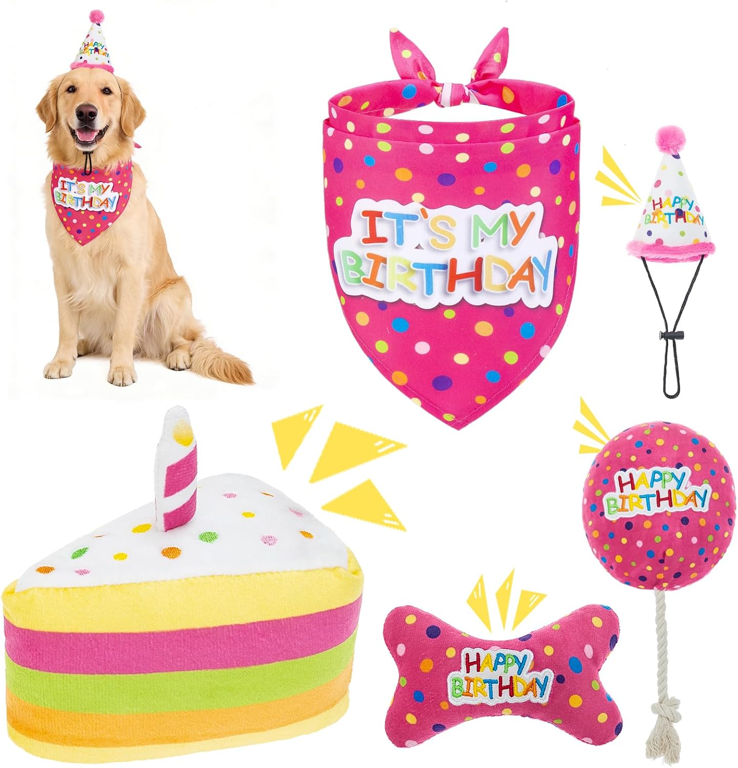 BINGPET Dog Birthday Bandana Set, Squeaky Toys for Girl Dogs, Pink