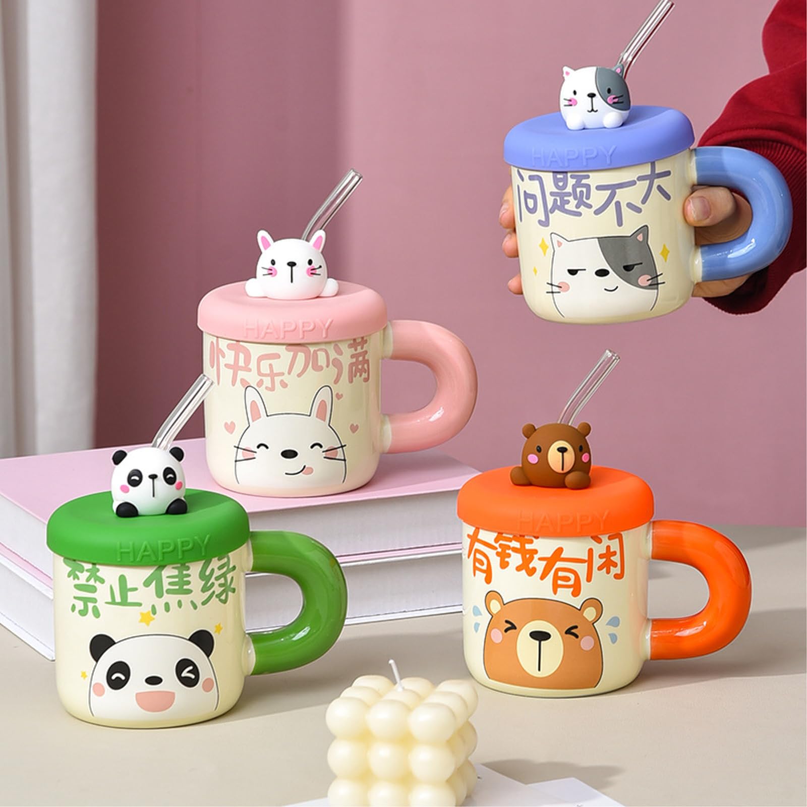 Taza de cerámica de 400 ml con tapa, para oficina, hogar, desayuno, conejito, 400 ml