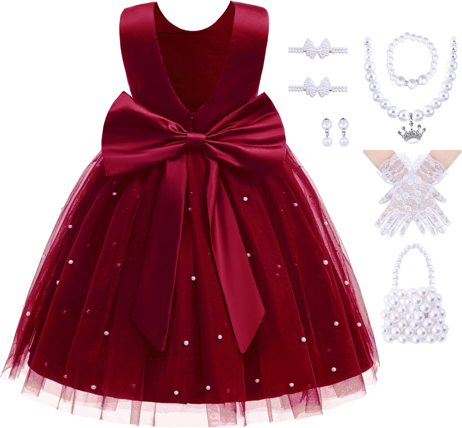 Akokvlar Girl V-Back Satin Flower Communion Dress Formal Birthday Party Wedding Prom Ball Gown