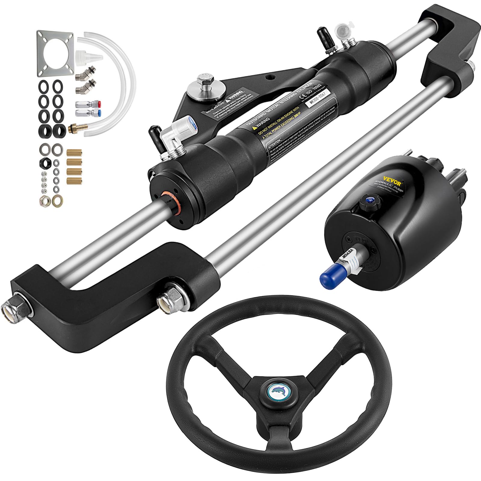 VEVOR Cilindro di sterzo Idraulico 150/300 CV, sterzo Idraulico Anteriore Montato sul Davanti, Kit sterzo Idraulico fuoribordo Marina con Tubo Esterno da 10/14/16/18/20/24 Piedi per Sistema di sterzo
