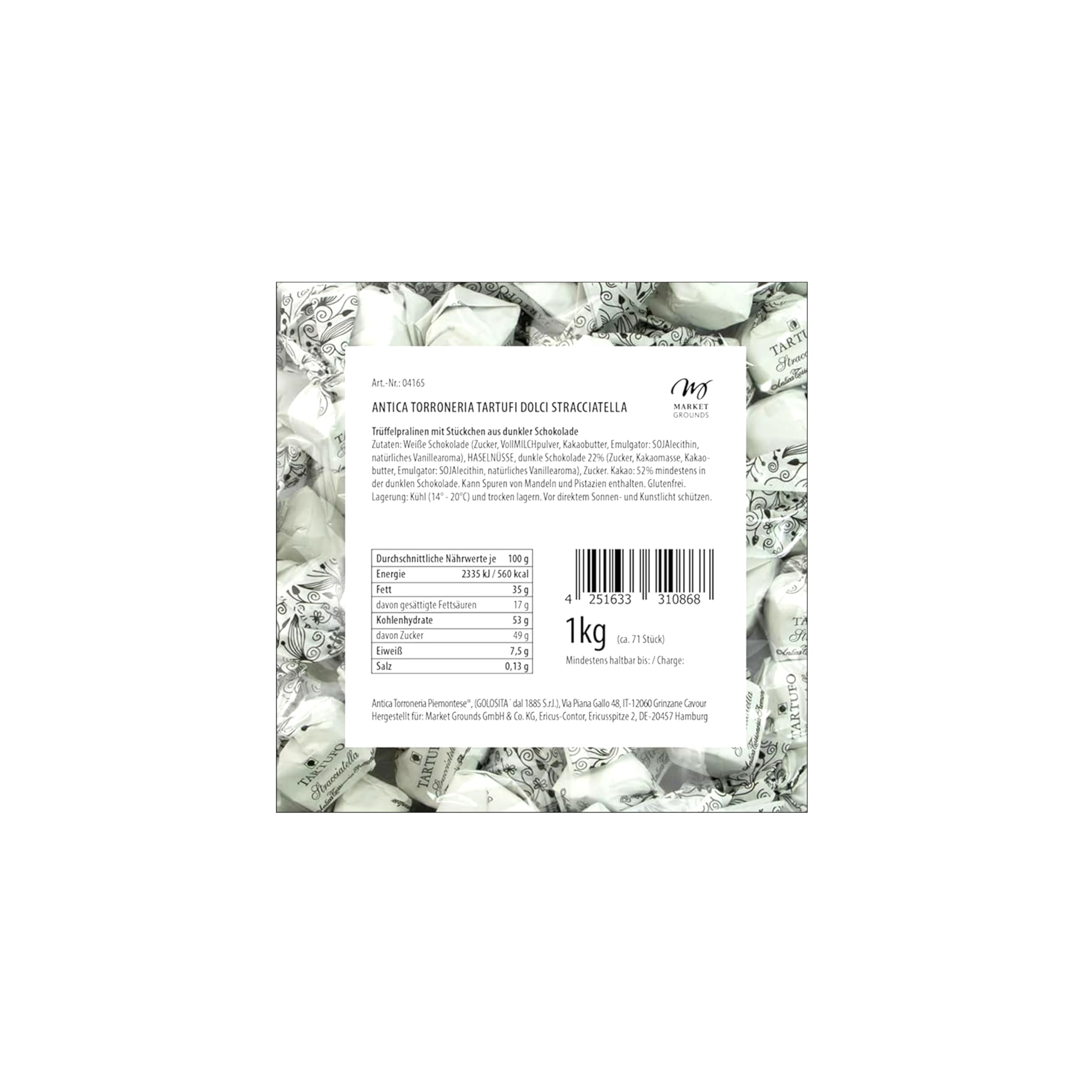 Antica Torroneria Piemontese Tartufi Dolci Stracciatella, 1kg – Feinste exquisite Italienische Trüffelpralinen, Glutenfrei & Köstlich, Ideal als Edle Geschenkidee - 70 Stück, je 14g