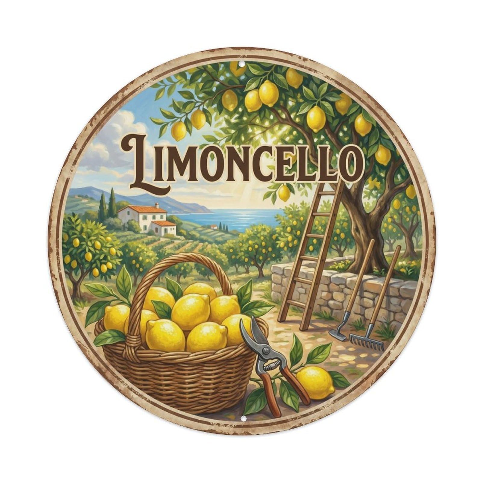 Artisanal Limoncello Harvest Vintage Metal Tin Sign Plaque Wall Decor for Cafe, Club, Garden Round Metal Poster 8x8Inch