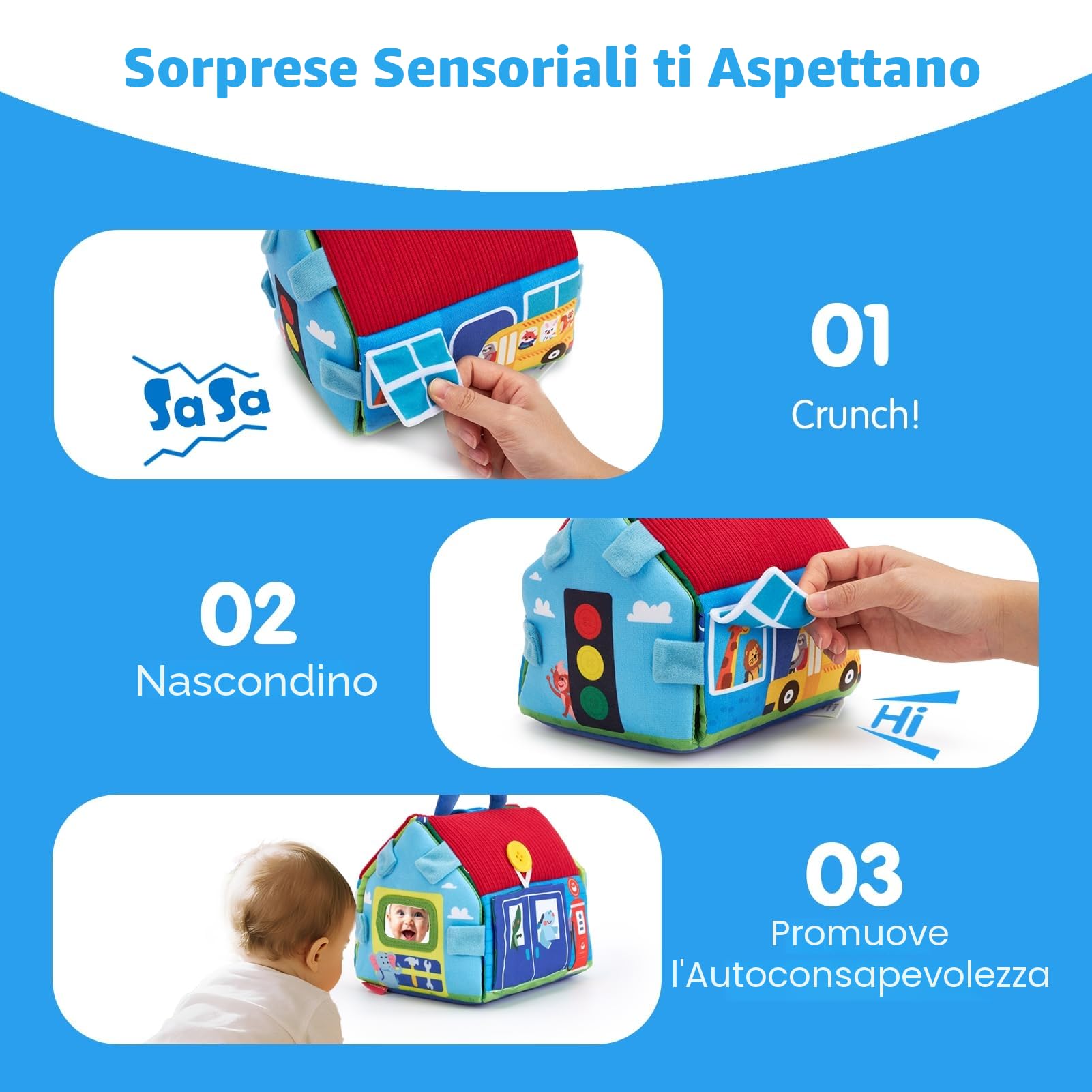 hahaland Giochi Neonato 6 9 12 Mesi - 4 PCS Peluche Macchinine per Bambini con 2 in 1 Borsa & Tappetino da Gioco - Giochi Montessori 1 Anno Regalo per Bimbo Bimba