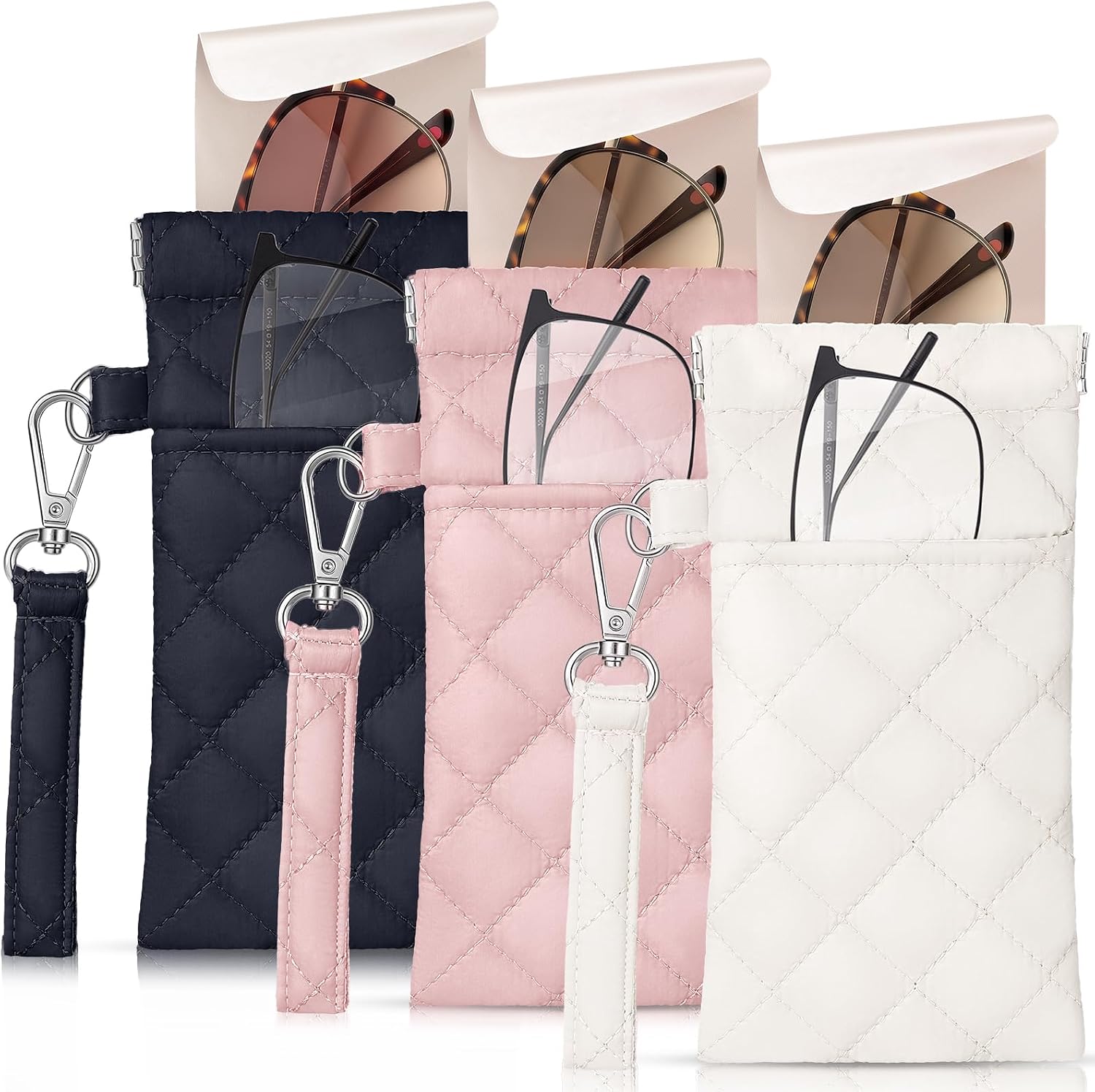 Treela 3 Pack Quilted Eyeglass Pouch, Squeeze Top, White Black Pink