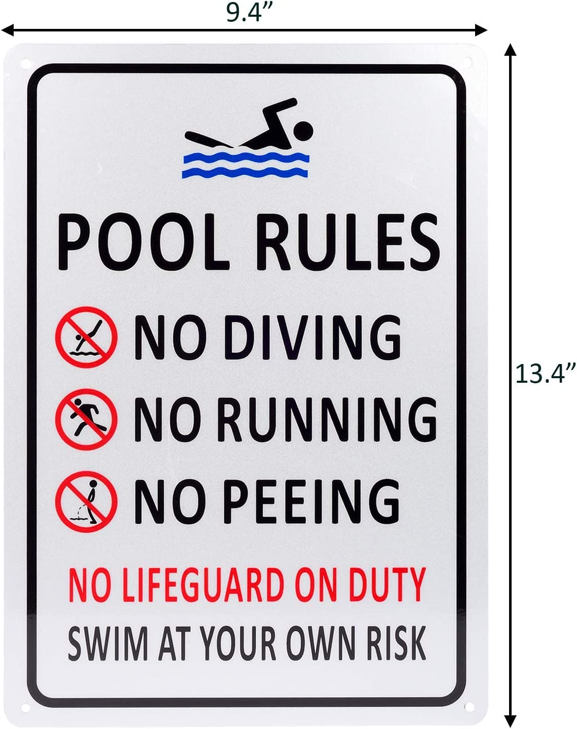 Kichwit Paquete de 2 letreros de reglas de piscina, plata, no bucear, no correr, no orinar, no salvavidas en el trabajo, aluminio, resistente a la intemperie, 9.4 x 13.4 pulgadas