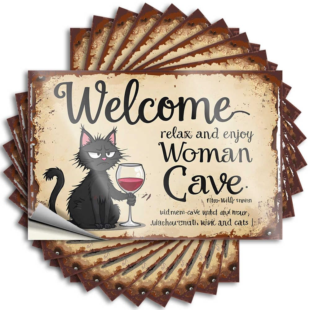 Dorm Door Decorations Bottle Sticker | Welcome to The Woman Cave: Relax, Enjoy Wine and Cats! Great for Sand Decor(12X18CM)