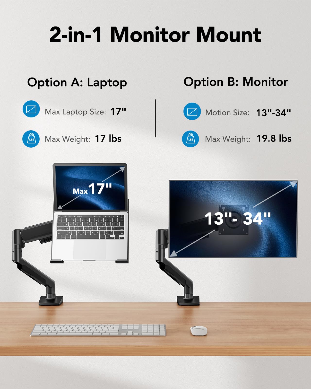 HUANUO Regulowany uchwyt na monitor od 13 do 34", uchwyt na laptopa do 17", może pomieścić od 2,2 do 9 kg, VESA 75 x 75 100 x 100, 2 opcje montażu