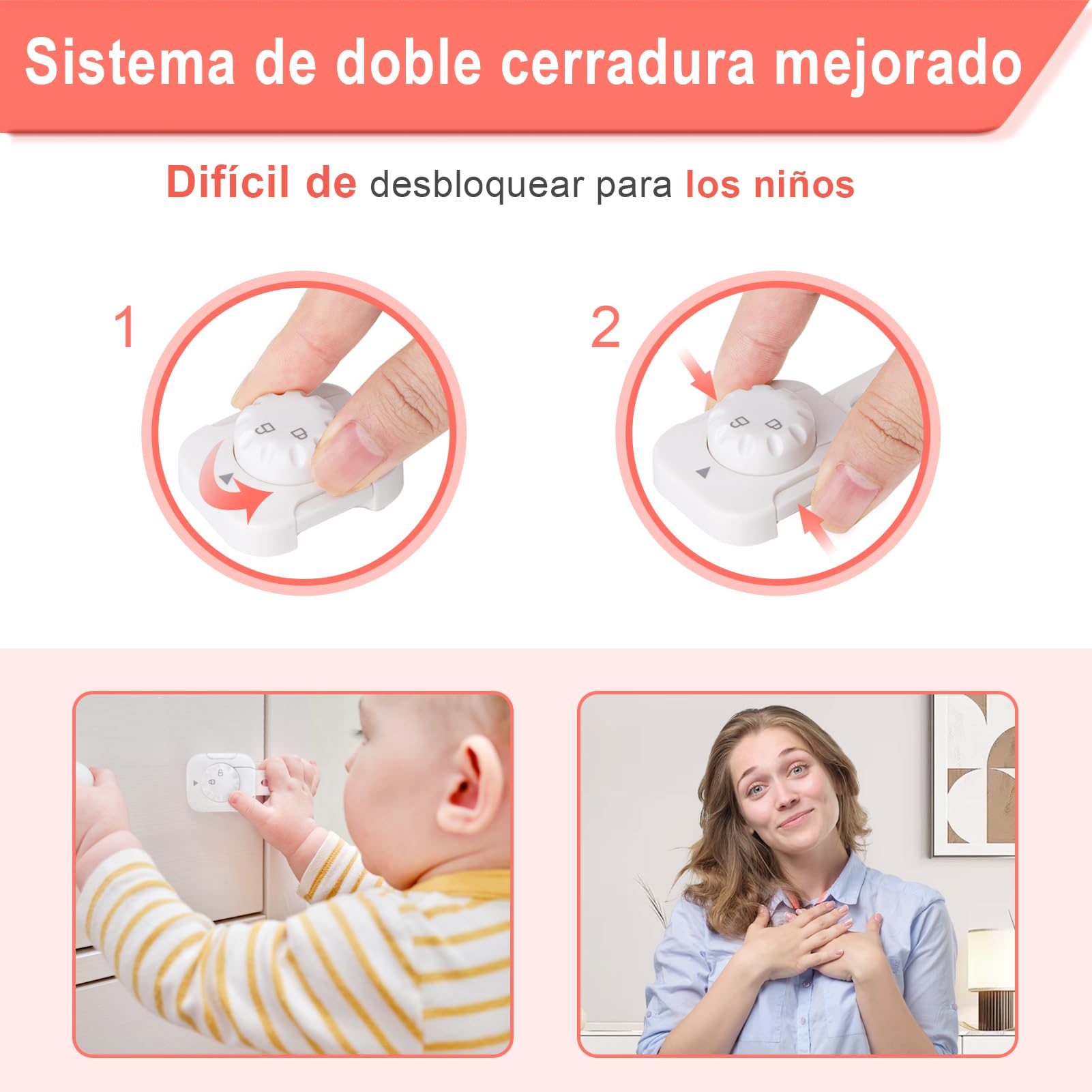 REDTRON Cerraduras de Seguridad para Niños, 6Pcs Bloqueo de Seguridad con Adhesivo de 3M, Cerraduras a Prueba de Bebé para Gabinetes, Cajones, Neveras(Blanco, No se necesita usar taladros)