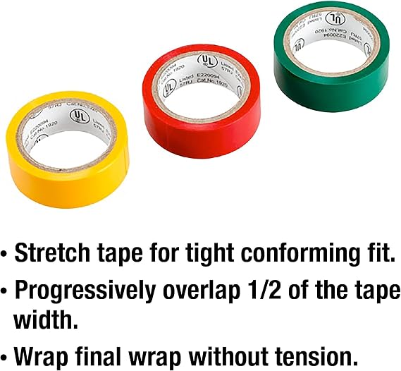 3 Piece Colored Vinyl Electrical Tape Set, 3 Colors 12 Feet x 3/4 inch, Identifying inputs on Sound Systems, Video Systems, Automotive Wiring - 837333