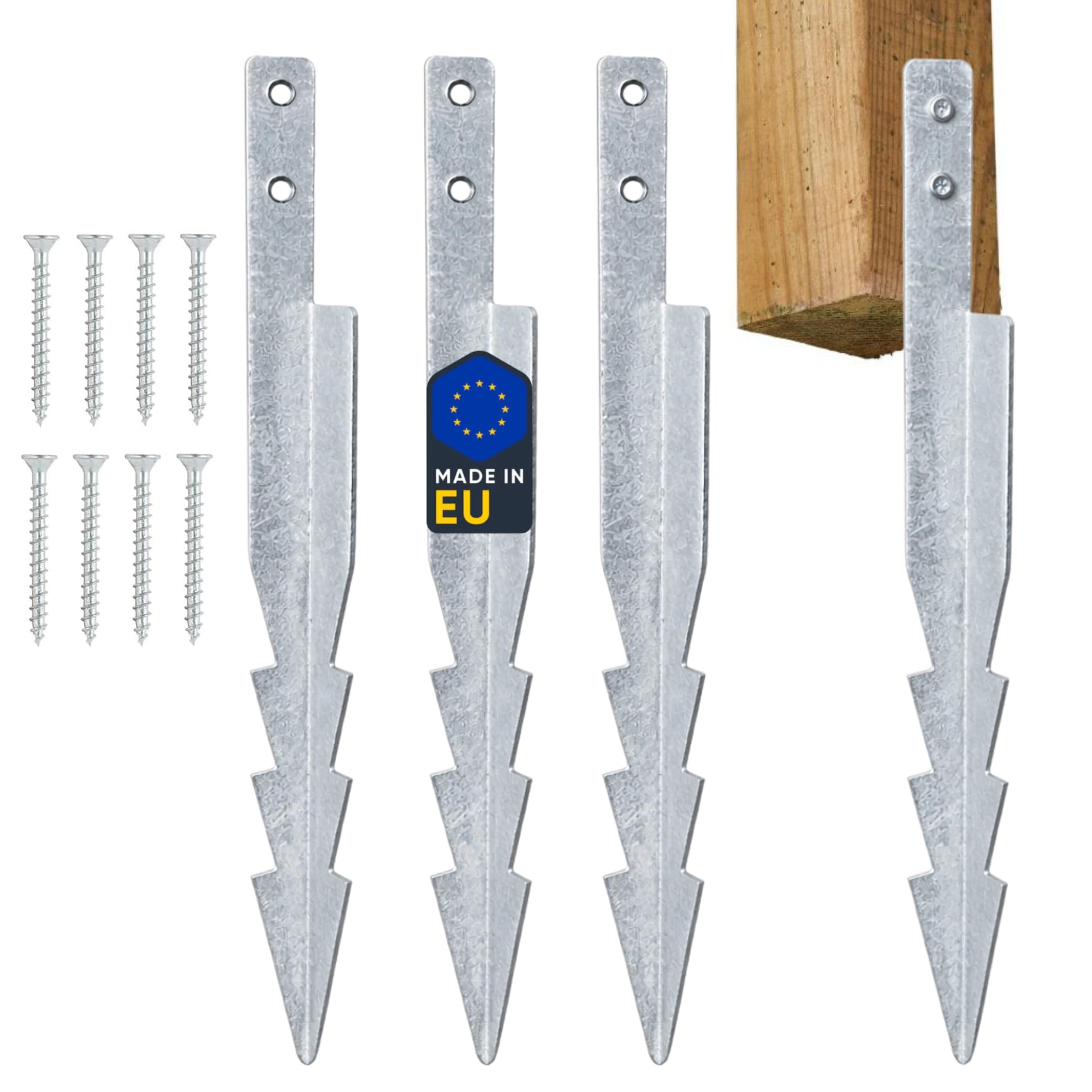 Clever Leon 4 Pack Ground Anchors Heavy Duty Driven Ground Anchors for Swing Set and Wooden Playset, Galvanised Steel Playground Anchors with Screws, Made in EU, 44 cm