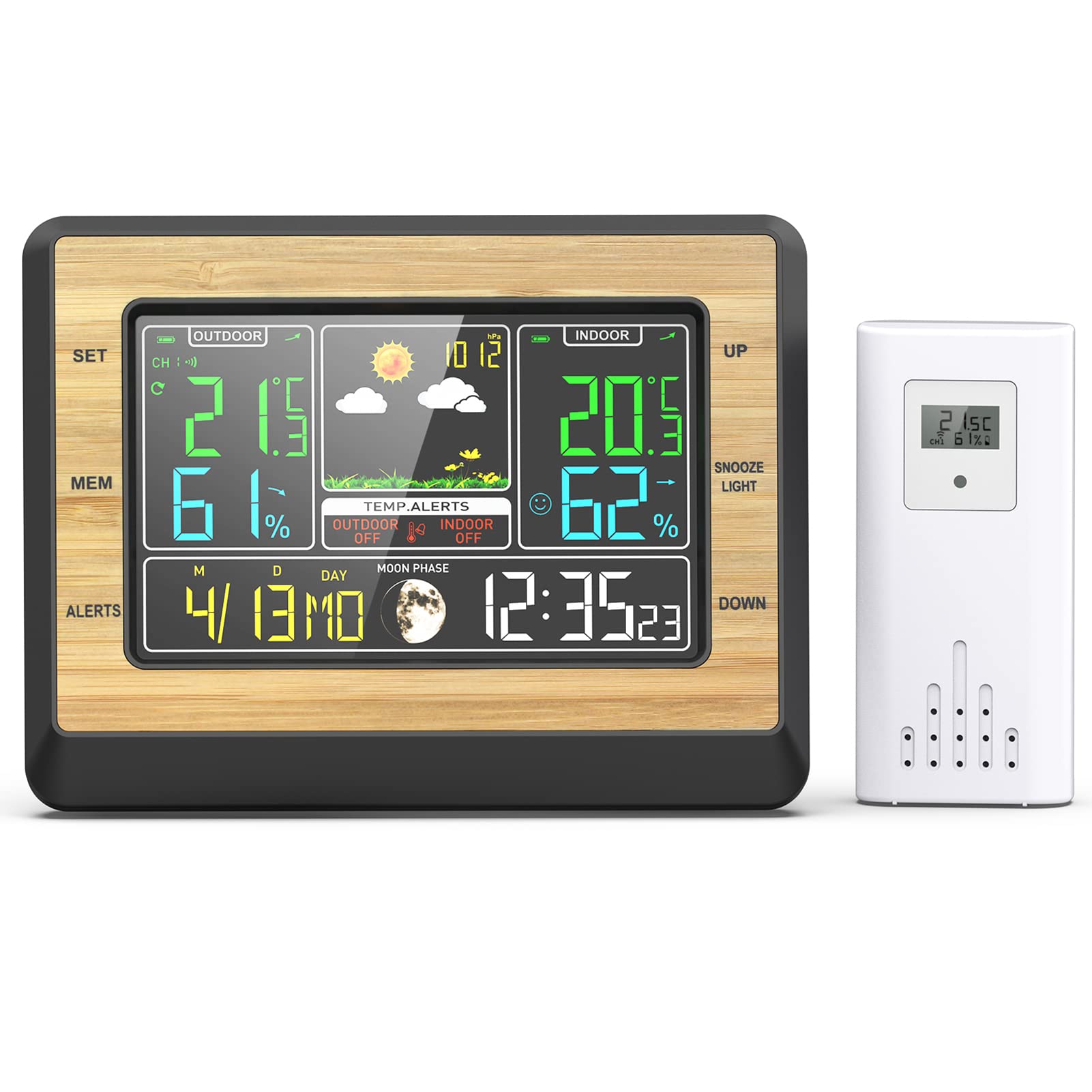 Stazione Meteorologica Wireless con Sensore Esterno, Termometro Igrometro Barometro Interno Esterno, Display LCD con Allarme Data Previsioni Meteo Fase Lunare Sveglia