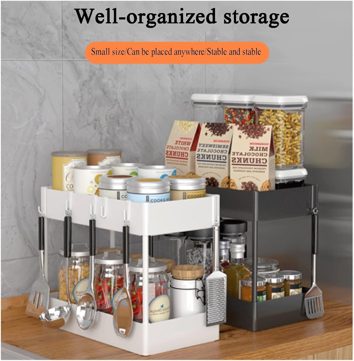 Organizador de 2 niveles para debajo del fregadero con cestas extraíbles deslizantes, estante de almacenamiento de baño con ganchos y tazas, estante de gabinete para encimeras y suministros de
