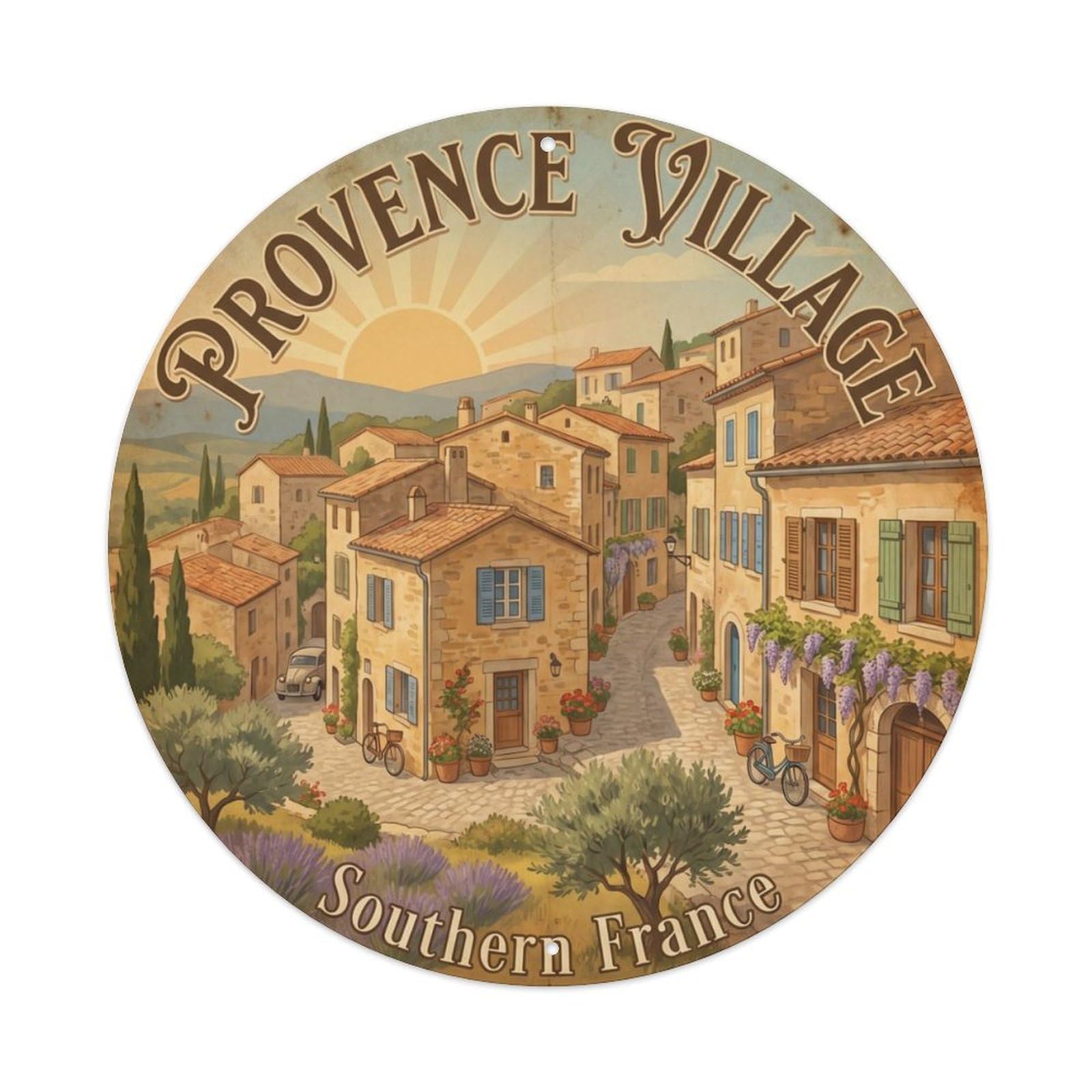 Vintage Travel Provence Village France Metal Tin Sign Plaque Wall Decor for Cafe, Club Bar, Office, Home Garden Round Metal Poster 8x8Inch