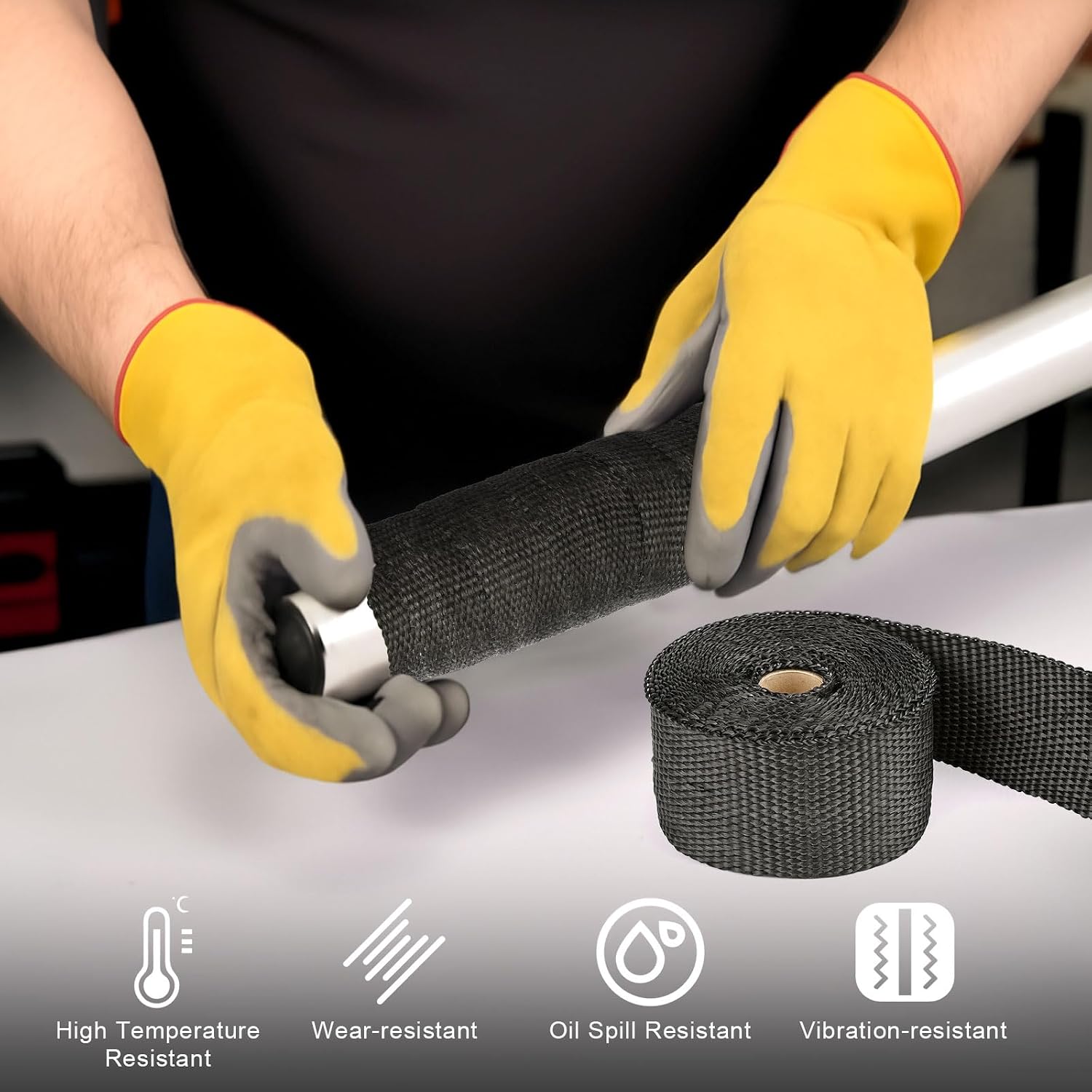 Exhaust Heat Wrap Roll, 2" x 16' Fiberglass Heat Shield Tape, Black Header Wrap with 6 pcs Stainless Ties for Motorcycle Car Truck Exhaust Pipes