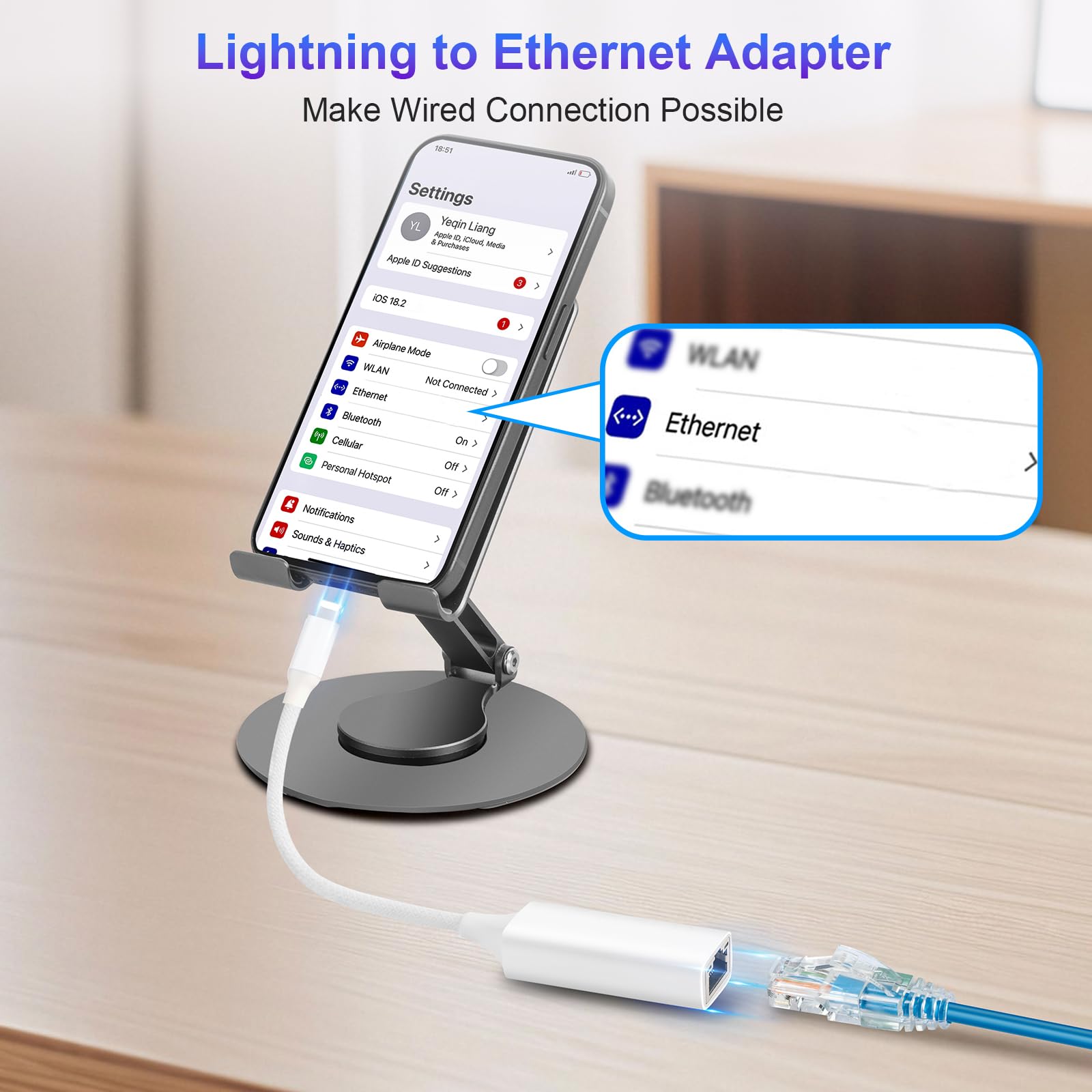 [Certificado MFi] Adaptador Lightning a Ethernet, adaptador de red LAN Ethernet de 100 Mbps Lightning a RJ45, compatible con i-Phone 14/13/12/11/i-Pad/i-Pod, Plug and Play (no POE)