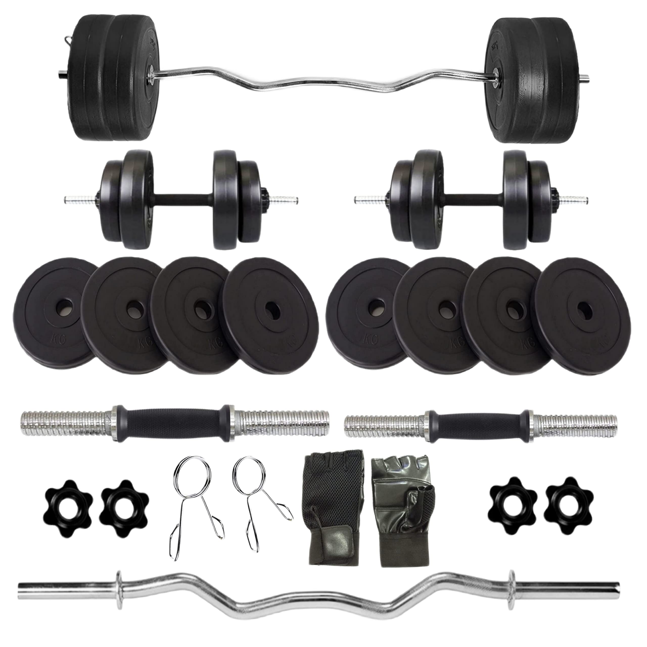 BULLAR Home Gym Combo, 8kg to 20kg 3ft Curl Rod, Pair Dumbbell Rods, Weight Plates, Gym Equipment Set with Gloves (16kg Set)