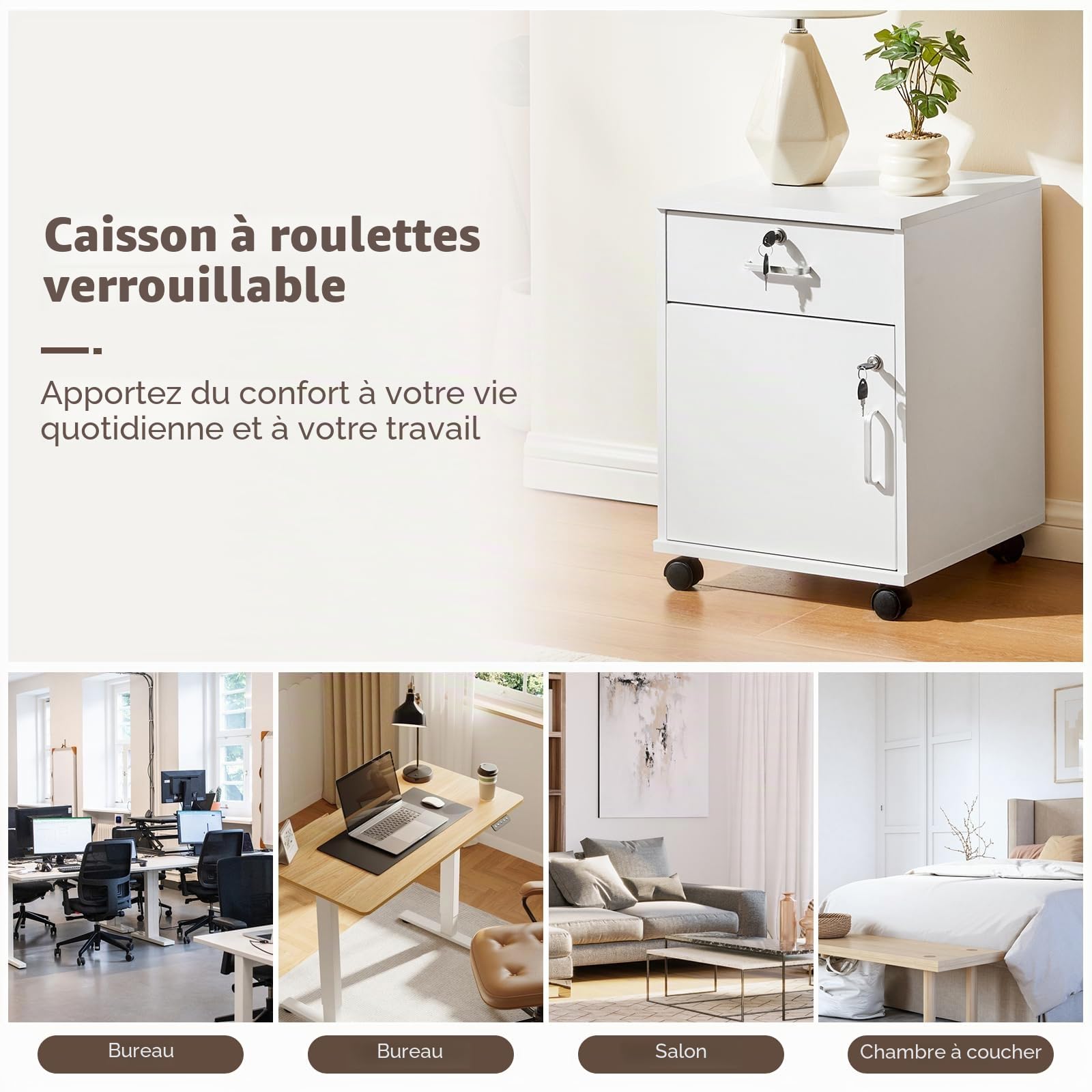 TUKAILAi Caisson de Bureau à roulettes, Meuble de Bureau à 2 tiroirs verrouillable, Caisson de Rangement Mobile, avec roulettes, pour Documents légaux Format A4 (Blanc)