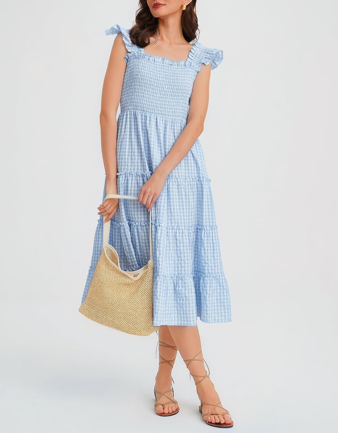 Ladyful Womens Summer Striped Midi Dress Square Neck Flowy Smocked Dress Casual Flutter Sleeve A-line Sundress - Image 3