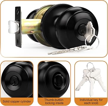 Probrico Black Entry with Key Door Lockset Knobs Flat Ball Keyed Entrance Lock Knobs 1 Pack