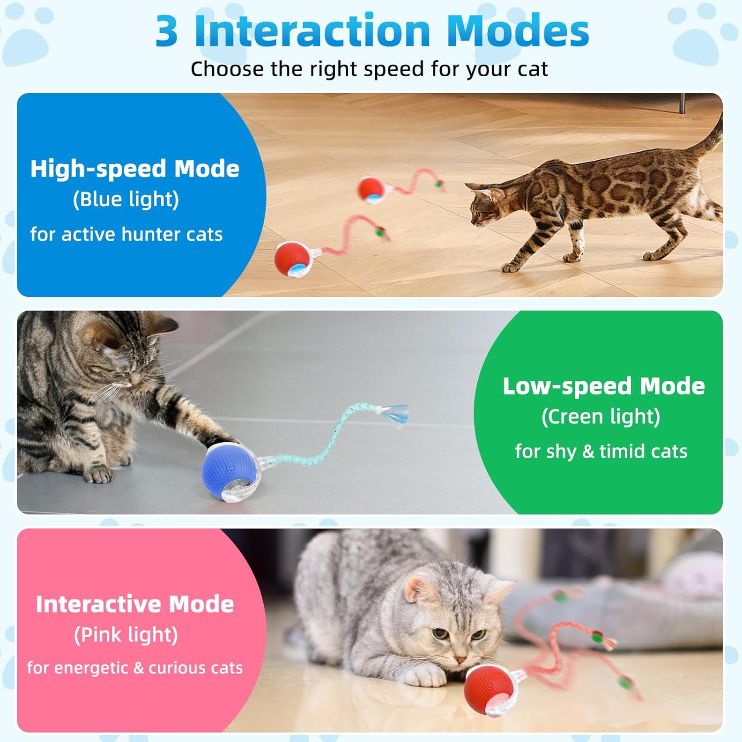 Interactive Cat Toys for Indoor Cats, Automatic Kitten Toys for Bored Indoor Adult Cats, Smart Kitten Rolling Ball Moving Balls Toy, Rechargeable Dog Cat Ball for Enrichment Exercise (Red+Blue)
