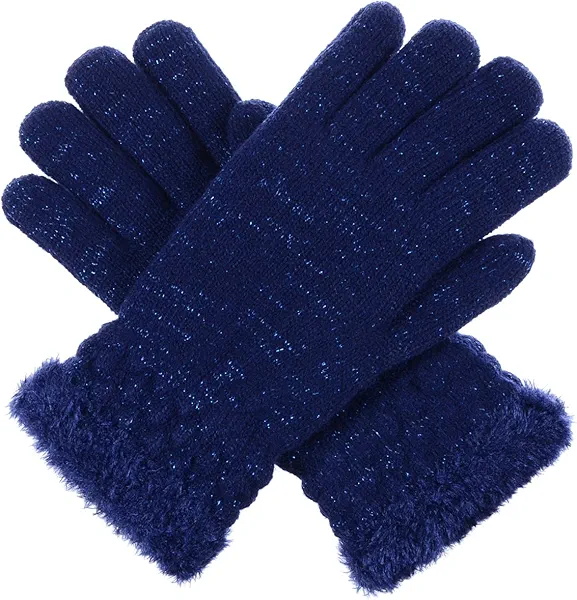 BYOS Women's Winter Cozy Plush Faux Fur Fleece Lined Knit Gloves W/Decorated Cuff