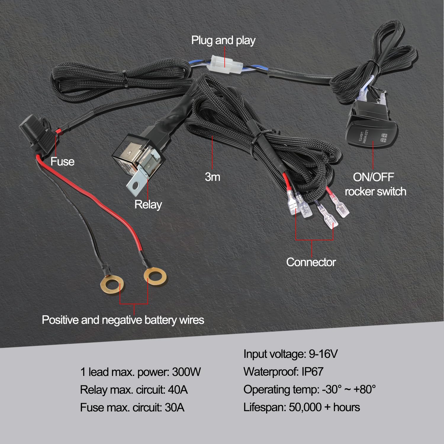 Light Bar Wiring Harness w/ 5 Pin Rocker Switch 300W 12V 30A Fuse 40A Relay Universal Nylon 2 Lead Wiring Harness Kit for Work Light Off Road Driving Fog Lights for Boat Trucks ATV UTV