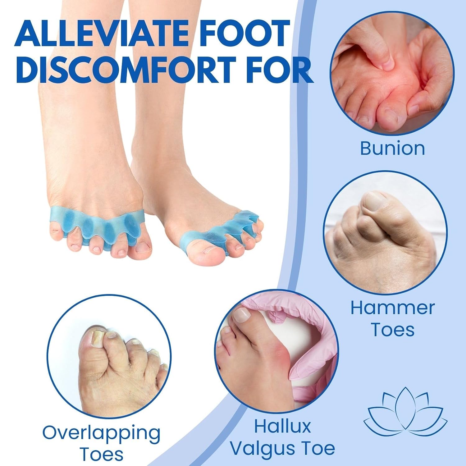 Soft Silicone Toe Spacers for Women | Yoga Toes Separators for Pedicure & Bunions | Comfortable Gel Toe Spreaders for Overlapping Toes (Blue)