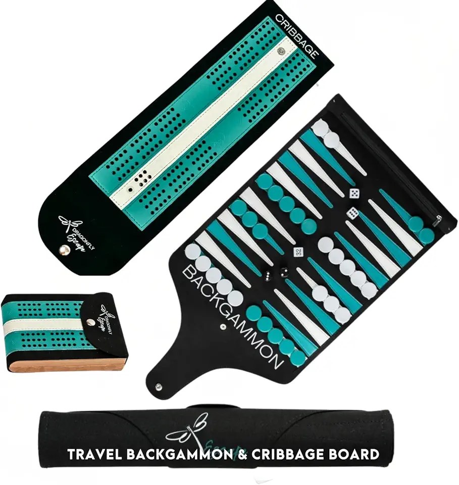 Travel Backgammon & Cribbage Game Set | Portable Lightweight Board Games for Adults | Roll-up Backgammon & Folding Cribbage Board for Camping, Backpacking or Beach