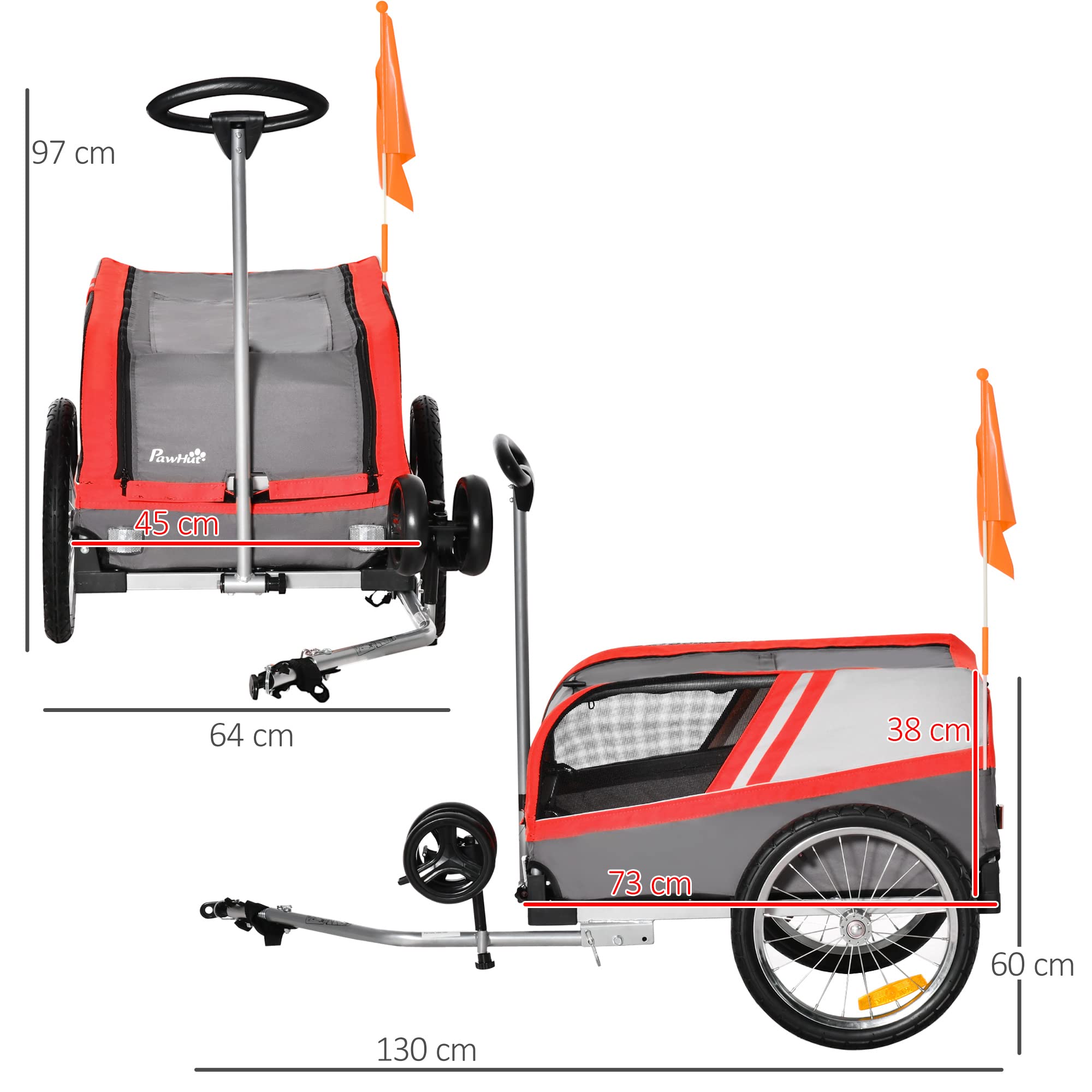 PawHut Remolque de Bicicleta para Perros 2 en 1 Carrito para Mascotas con Enganche Cubierta Enrollable Cinturón de Seguridad Bandera y Reflectores 130x64x97 cm