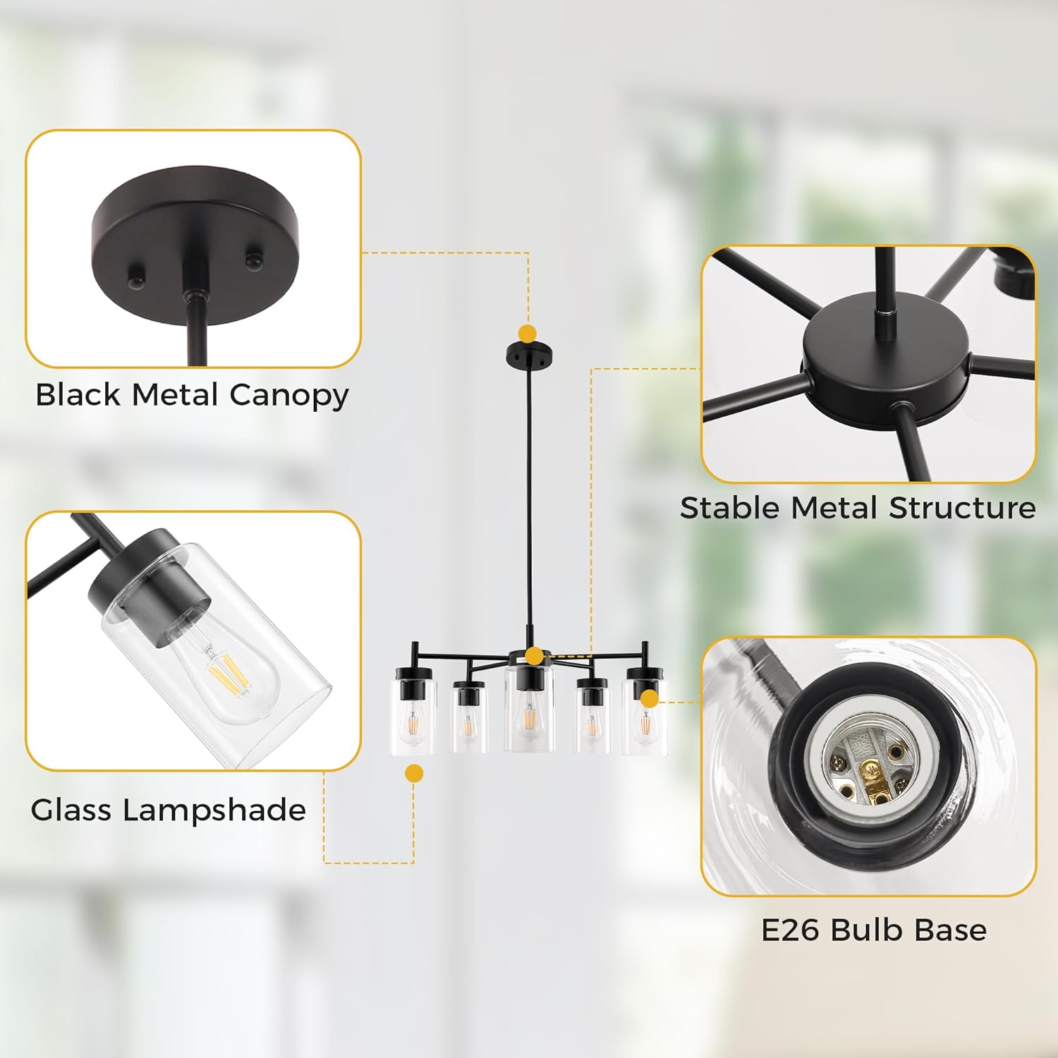 L LOHAS LED 5-Light Black Chandelier for Dining Room Light Fixture Over Table, 25-Inch Modern Chandelier with Glass Shades, Adjustable Hanging Light Fixture for Kitchen Island Foyer Hallway