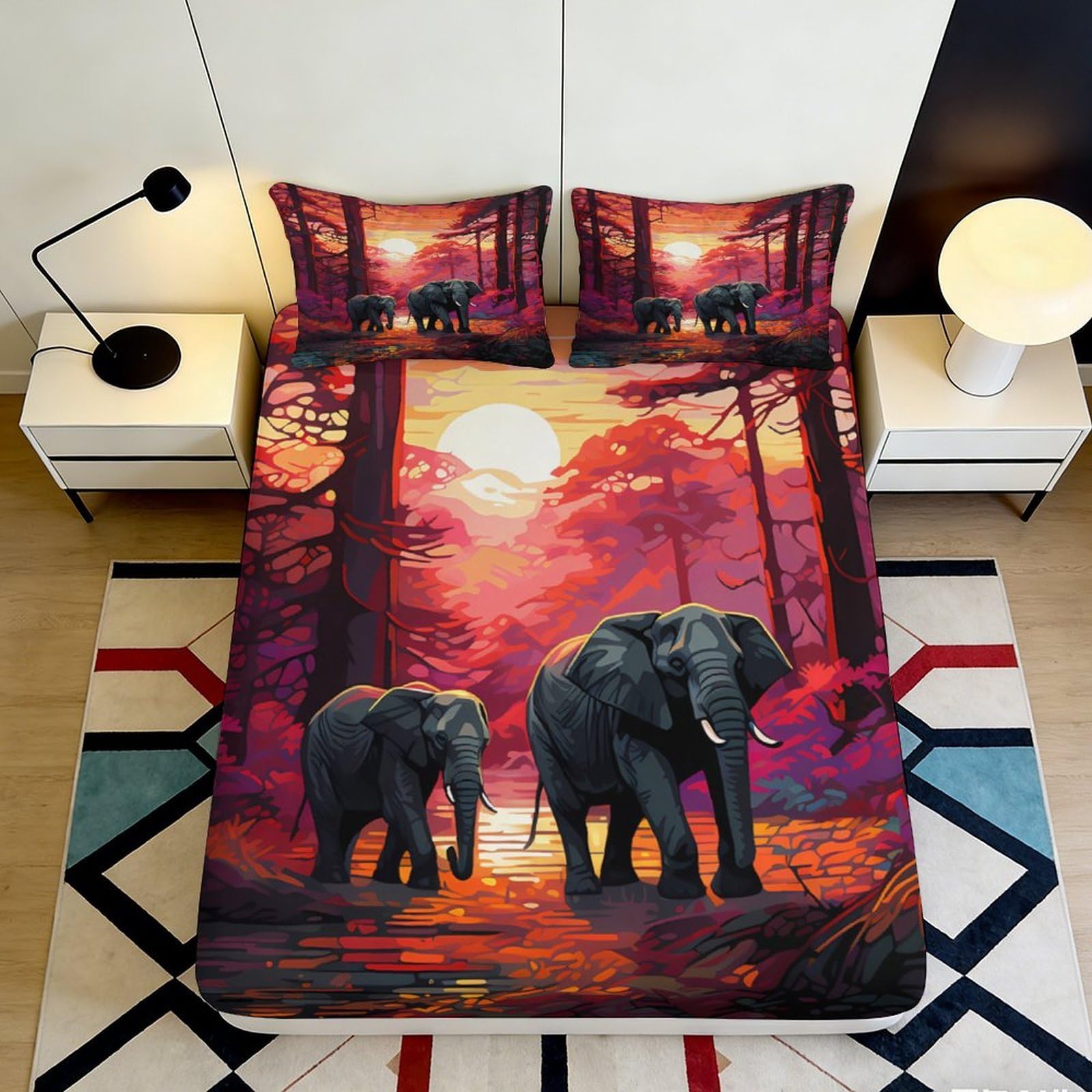 3D Printed Sunset Forest Elephant Fitted Sheet Microfiber Soft Decor Bed Cover for Bedroom Guest Room Protection 90x200x25cm