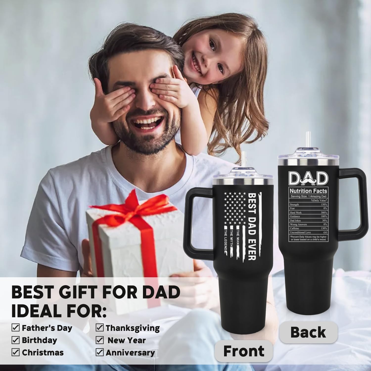 LHSCVUFASC Fathers Day Gift for Dad from Daughter, Son - Birthday Christmas Tumbler Gifts for Husband Dad - Best Ever Dads Gifts Ideas for New Daddy - 40 Oz Stainless Steel Tumbler Coffee Cup image 2